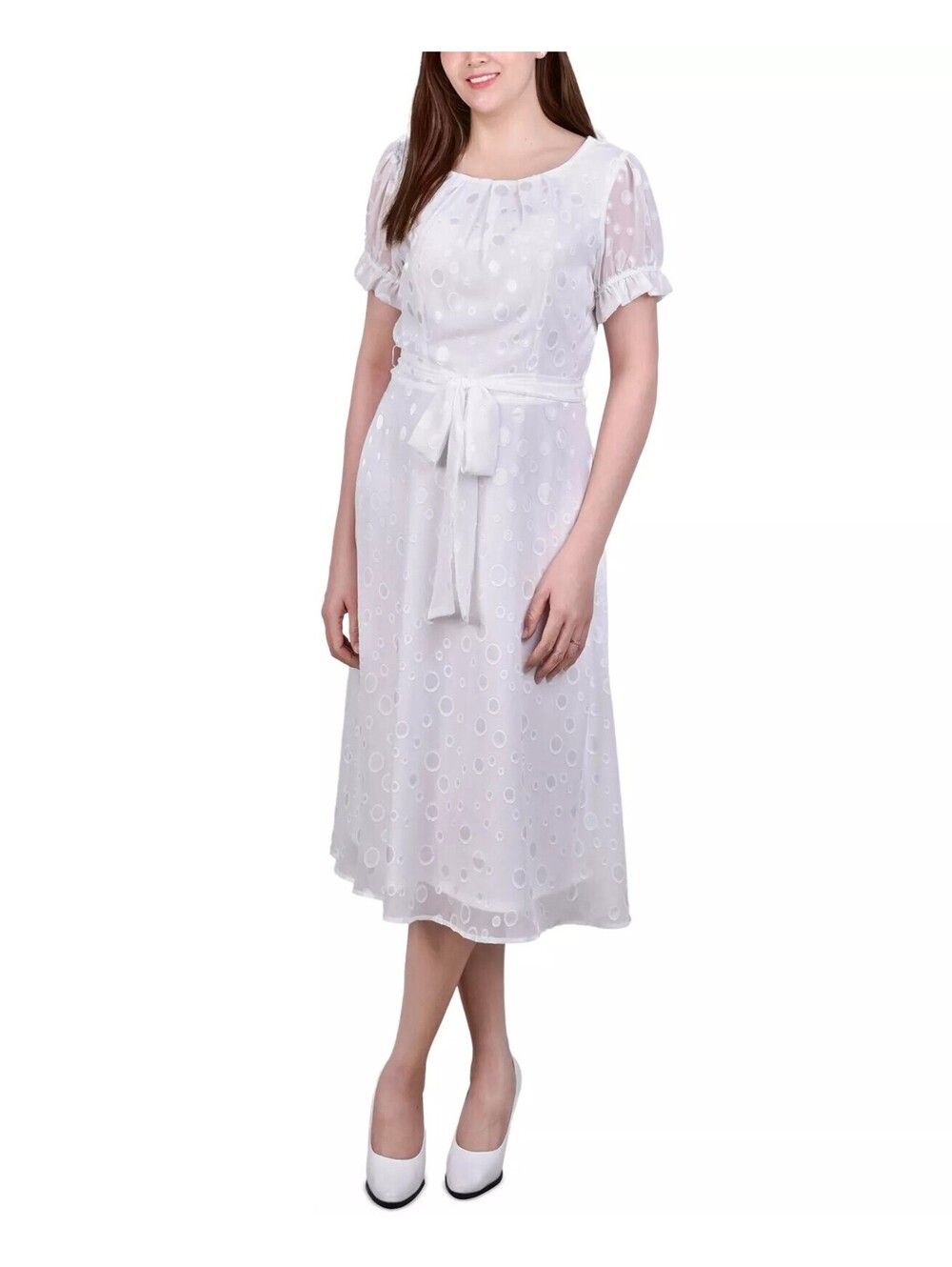 NY Collection Petite Short Sle White Circle PL
